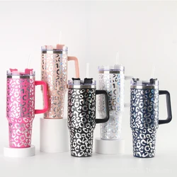 40oz Laser leopard print Thermos Vacuum Cup with Handle Stainless Steel Travel In-Car Thermos Bottle Coffee Insulated Flasks