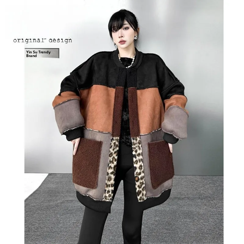 

Thickened Double-Sided Wear Street Style Loose Fit Women's Jacket Lamb Velvet Coat Leopard Print Color Block Fleece Warm Top