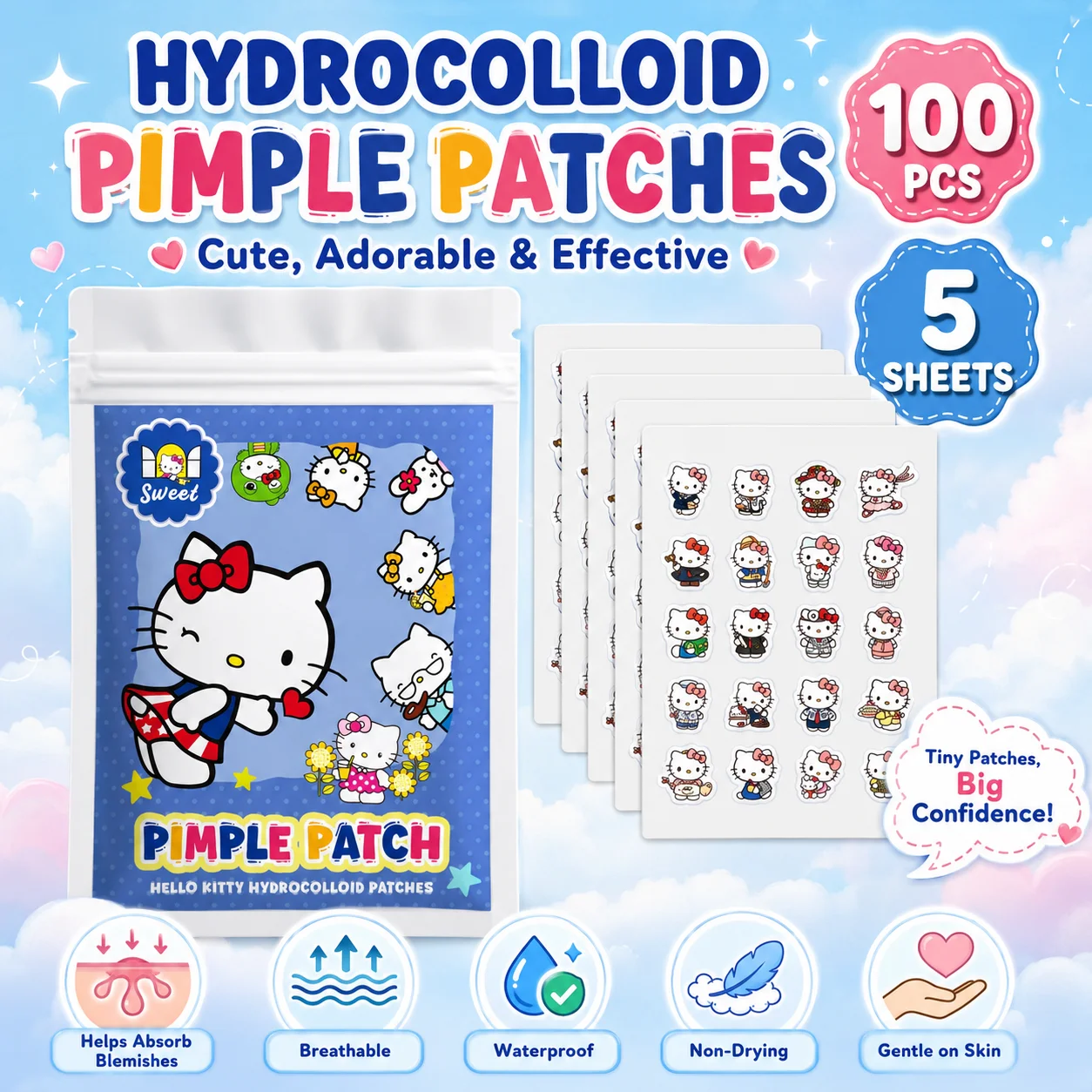 100PCS hello kitty Acne patches, facial acne patches, hydrogel acne removal patches, concealer