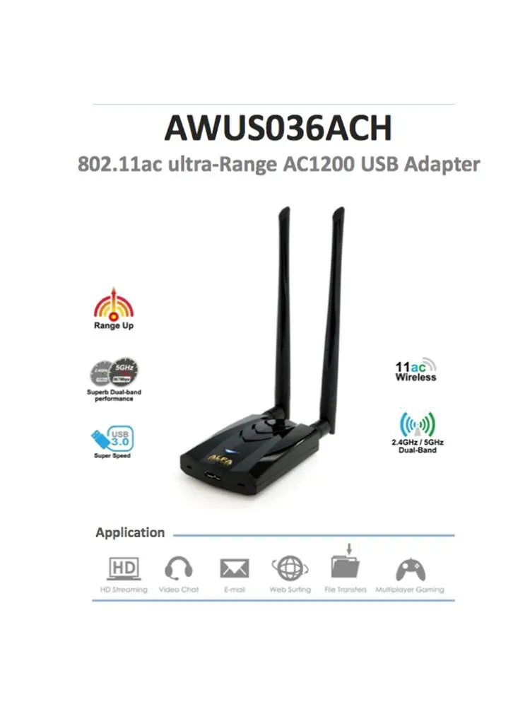 Alfa AWUS036ACH Adaptador WiFi USB 3.0 de largo alcance con chipset RTL8812AU para Kali Linux, modo de atención y monitor