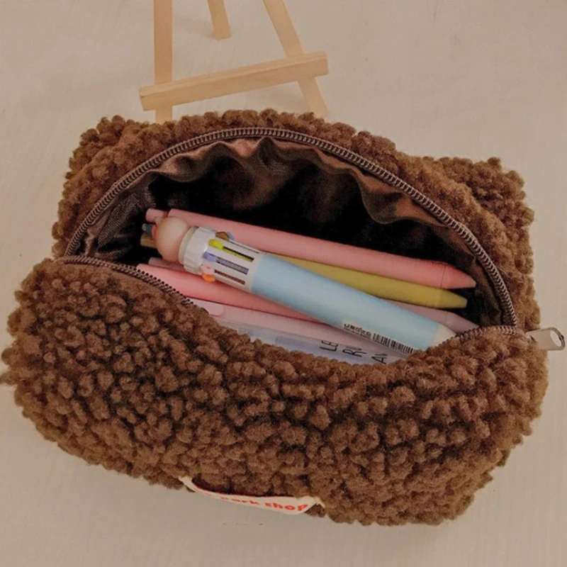 1pc Cute Shmere Pencil Bag Case Plush Pencil Bag Zipper Makeup Storage Bag Pen Pouch Bag School Office Supplies Stationary Case