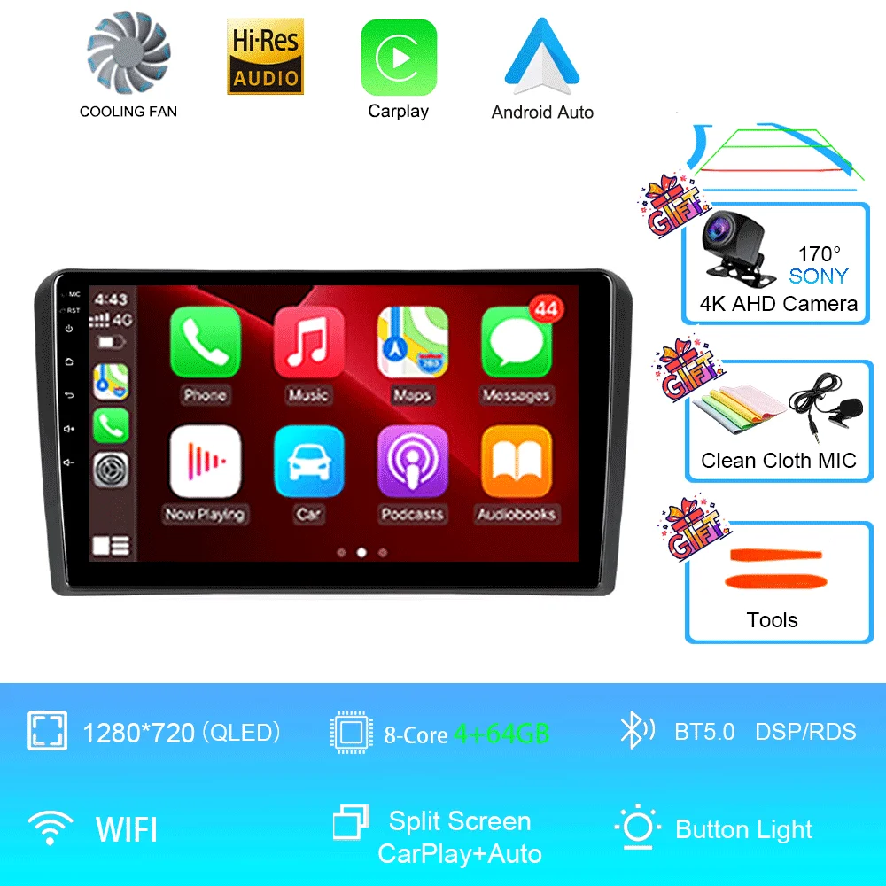 Android 16 Carplay Auto voor Audi A3 8P 2003-2013 autoradio 2din multimediaspeler GPS navigatie audio stereo DSP 360 camera 4G