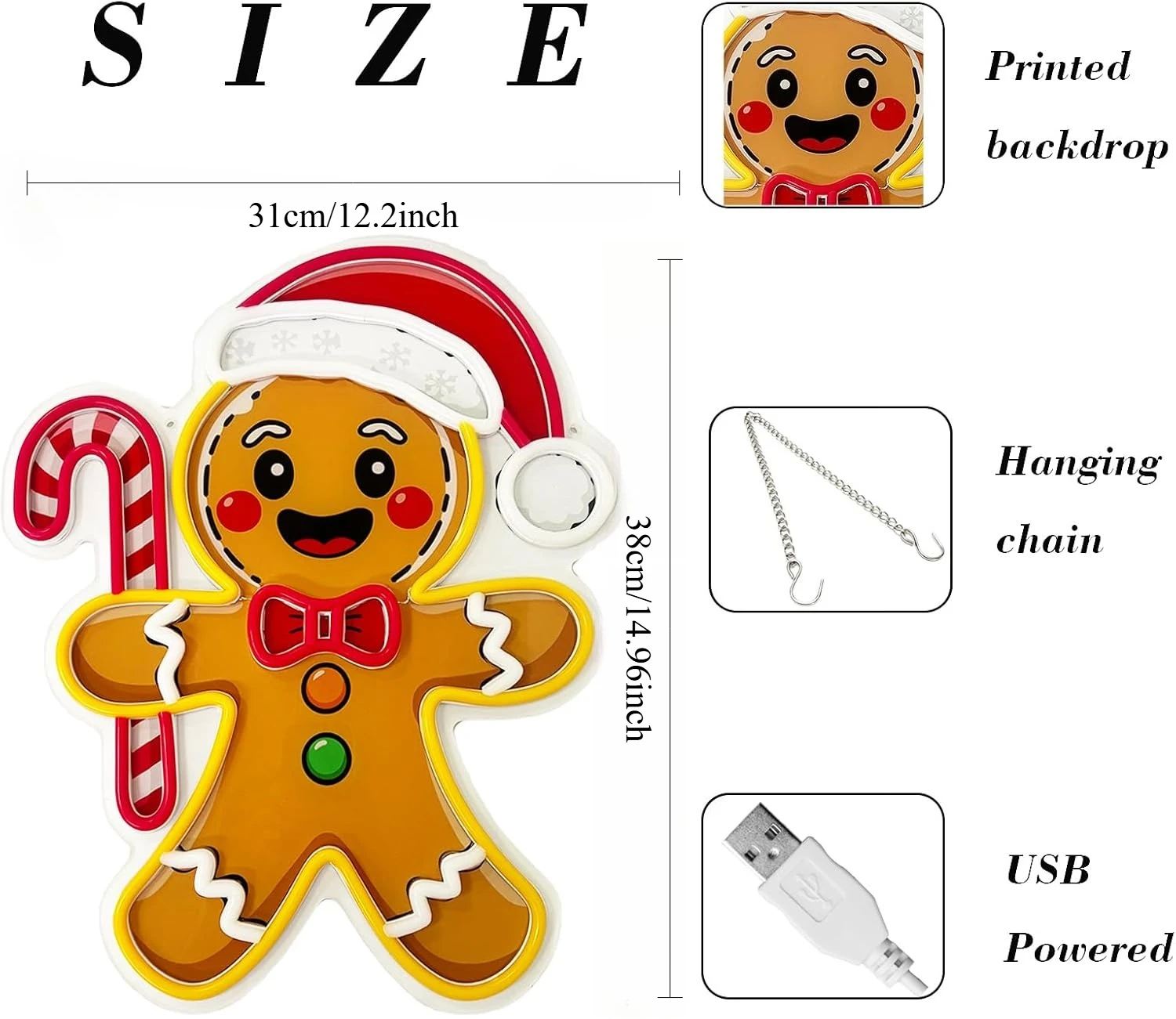 Gingerbread Man Neon Sign UV Printed LED Neon Light USB Dimmable for Holiday Party Kid Room Window New Year Christmas Wall Decor