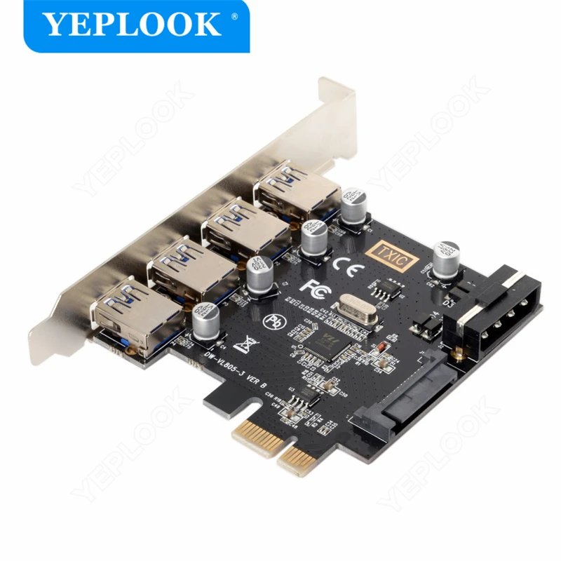 PCIe to 4 Port USB3.0 Expansion Card with 19Pin+SATA Dual Power Connector PCIe X1 Adapter Riser Converter USB 3.0 HUB VL805 Chip