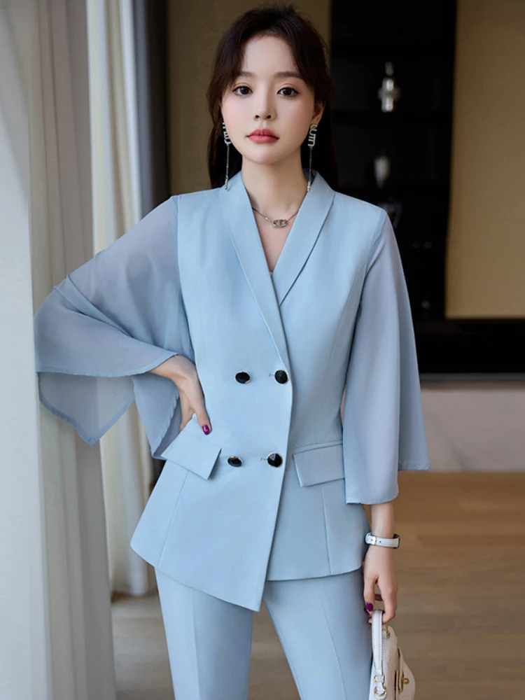 

Summer Commuter Blue Blazer 2-Piece Set Women 2024 Thin Bell Sleeve Slim-Fit Suit Jacket+High Waist Casual Pants Office Clothes