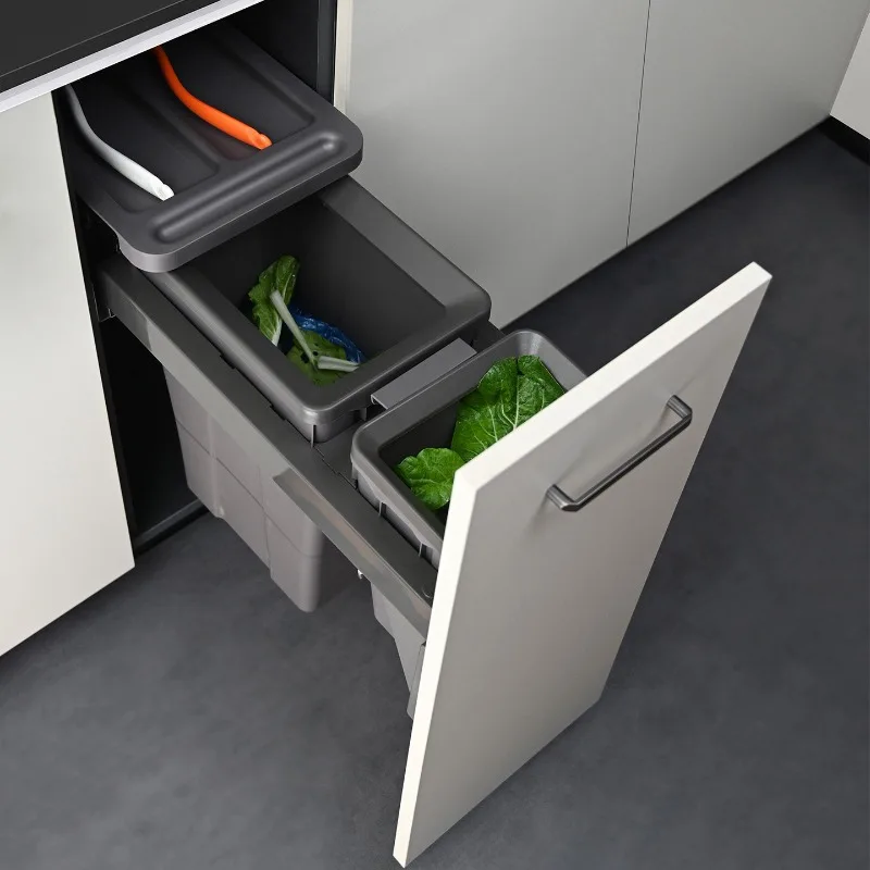 Suitable for Kitchen Cabinet Built-in Trash Can, Recessed Double Compartment Bin with Lid