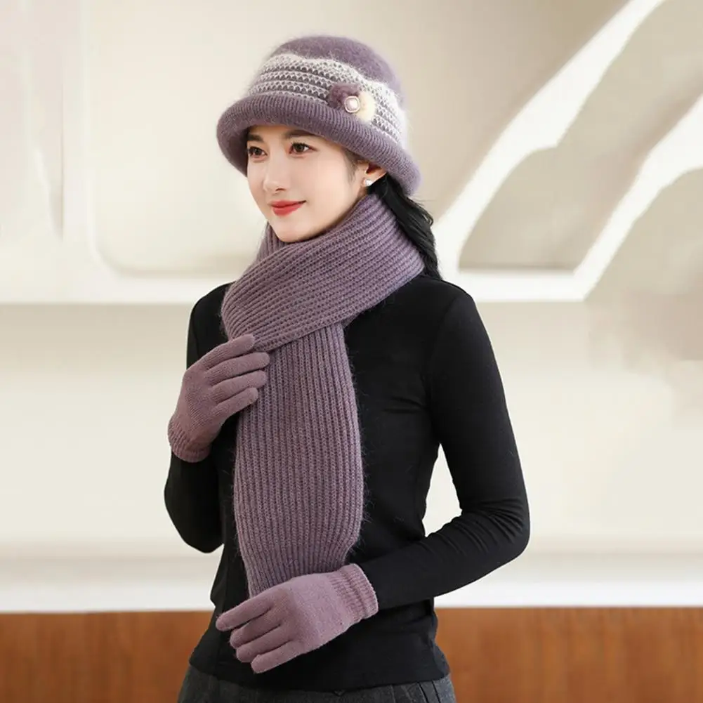 

Faux Rabbit Fur Blend Hat Scarf Gloves Set Warm Winter Beanie Scarf Gloves Set for Mid-aged Women Thick Knitted Cap for Outdoor