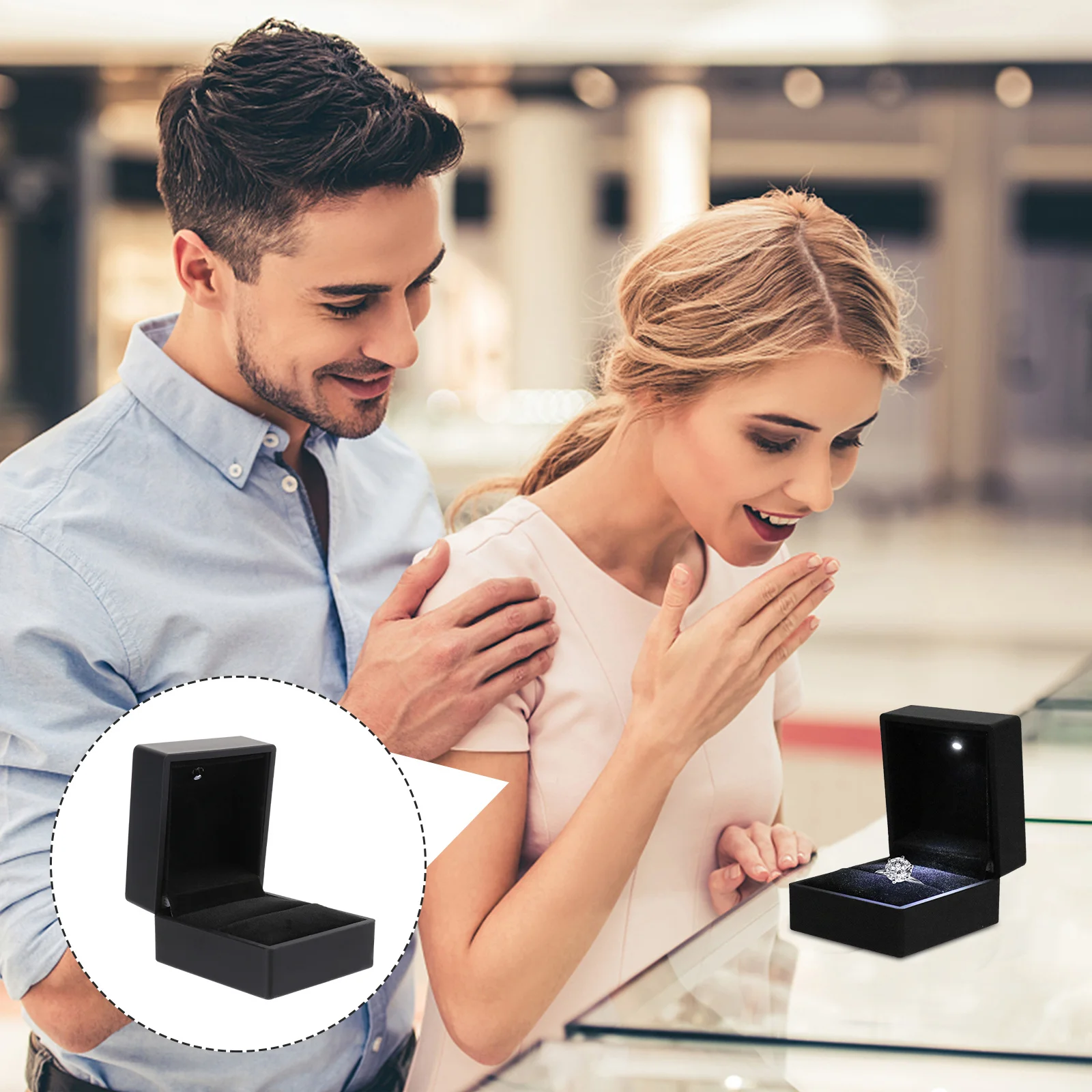 Jewelry Wedding Ring Box Case Black Durable PU Metal LED Lighting Romantic Proposal Ring Gift Storage Box Case