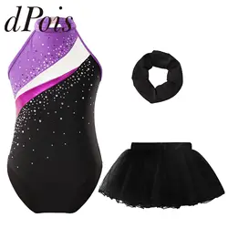 Kids Girls Shiny Gymnastics Leotard with Mesh Tutu Skirt Child Dancewear Sets Sleeveless Hollow Back Figure Skating Bodysuit