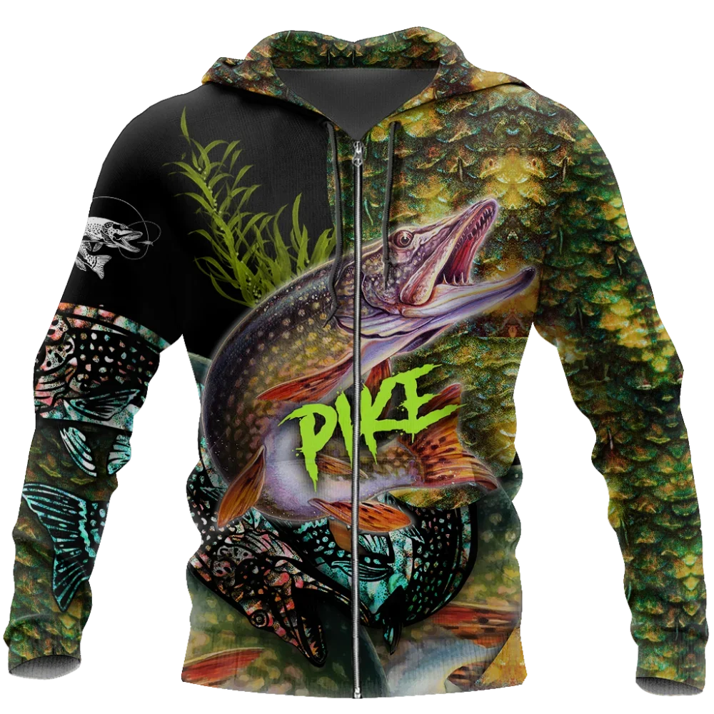 Men Zip Up Hoodie Carp Fishing Graphic Clothing Sweatshirt Casual Oversize Hoodies 3D Walleye Pike Fly Fish Printed Hooded Tops