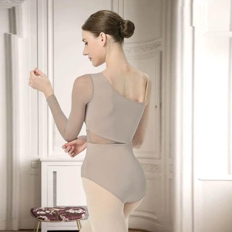 Novas collants de dança de balé para meninas mulheres malha emenda manga diagonal irregular mangas compridas ginástica palco lírico traje
