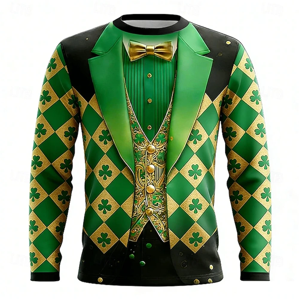 St Patricks Day Theme Style Men's Long Sleeve T Shirt Glowing Shamrock Golden Harp Faux Tuxedo Funny Irish Festival Green Tees