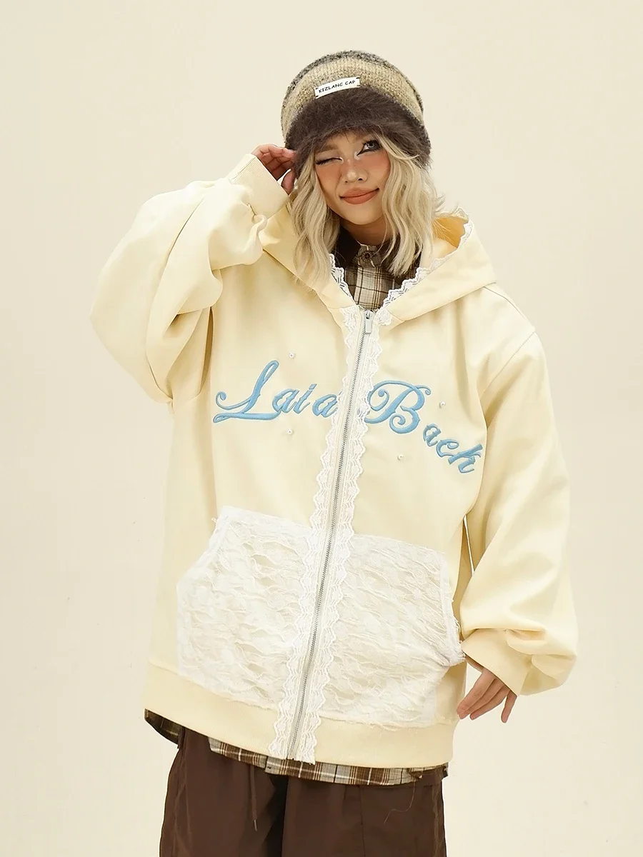 Letter Embroidered Lace Splicing Hoodies Cardigan 2024 Autumn New Loose Bf College Style Woman