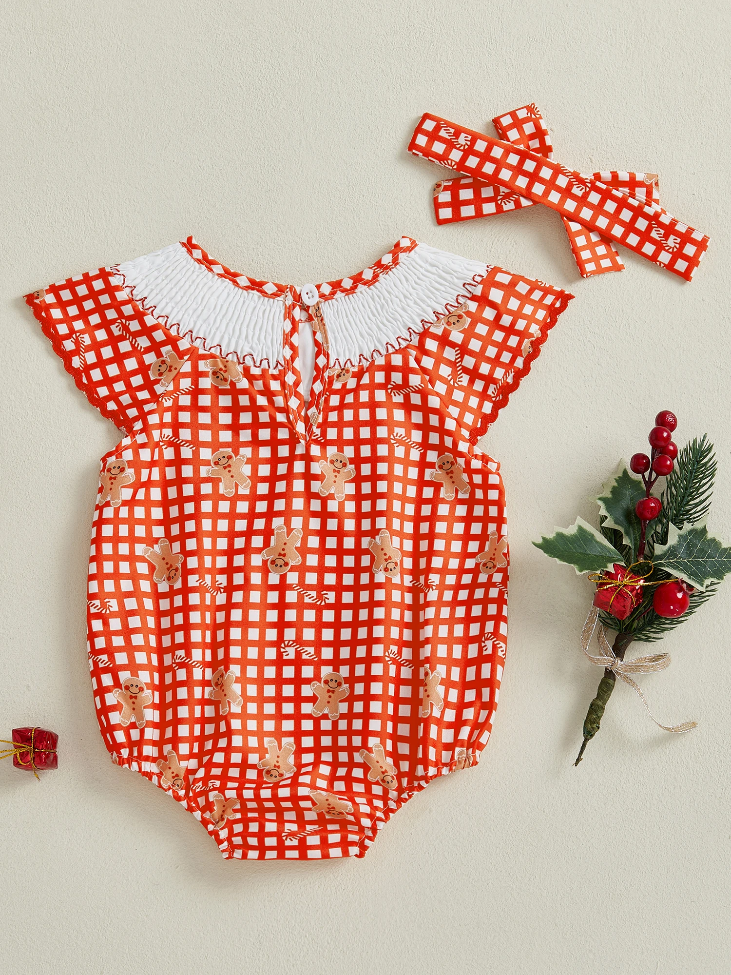 

Toddler Girl 2-Piece Christmas Set with Ruffle Sleeve Gingerbread Print Romper and Matching Headband - Festive Infant Apparel