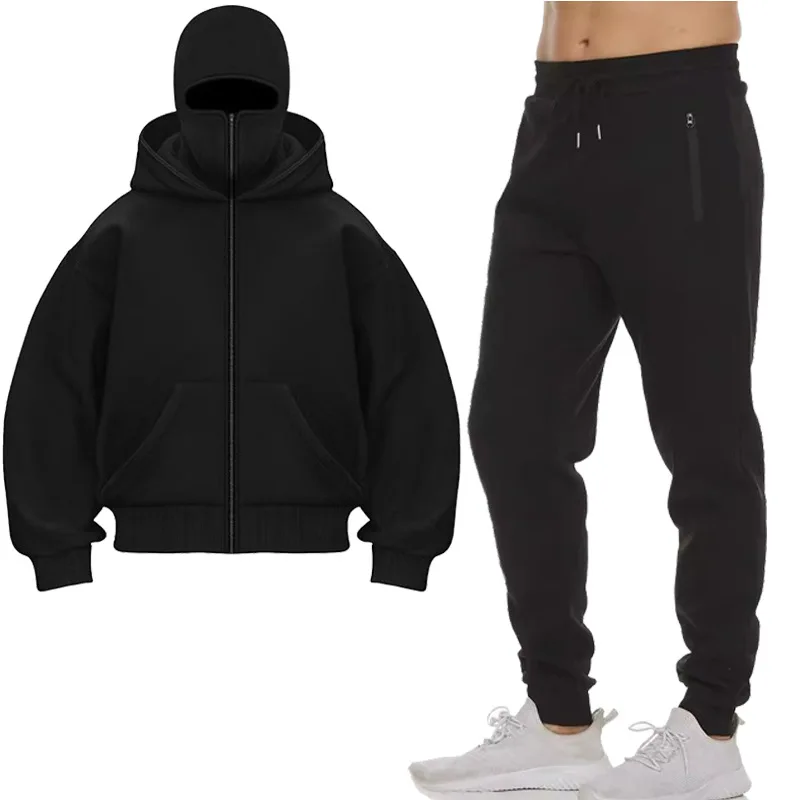 

2025 Spring and Autumn New Hoodie Set Men Fashion Casual Design Double Hat Face Mask Zipper Coat+Sports Pants Two Piece Set