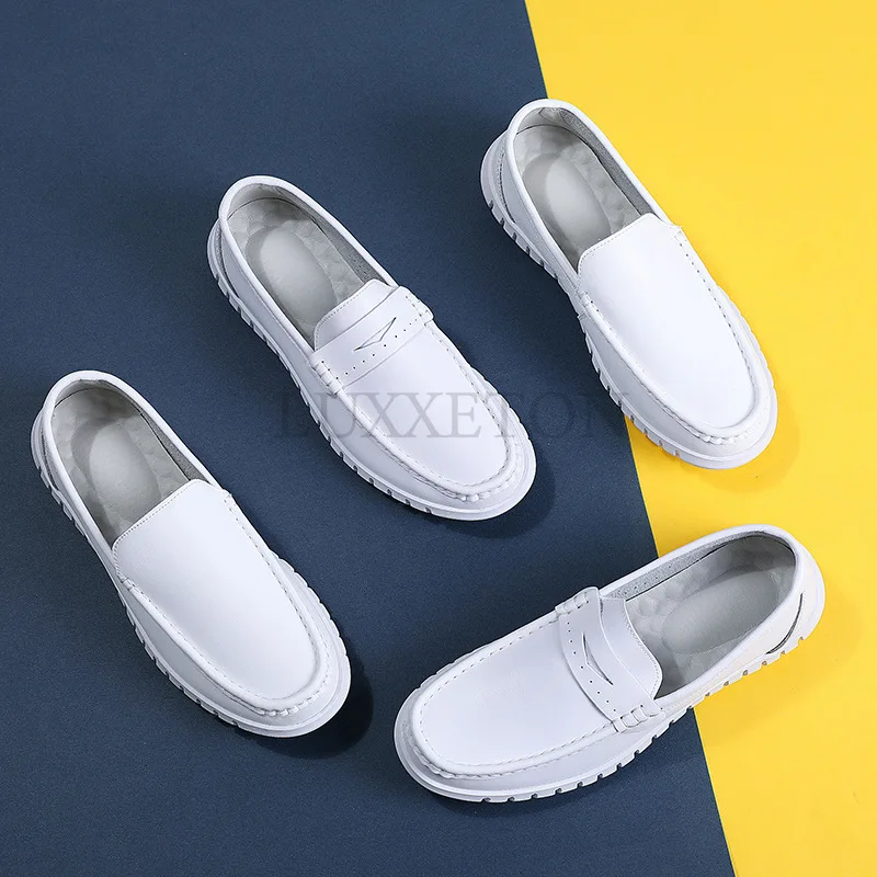 Nurse Shoes Men Flat White Breathable Doctor Soft Non Slip Hospital Genuine Leather Slip on Small White Shoes Beanie Shoe