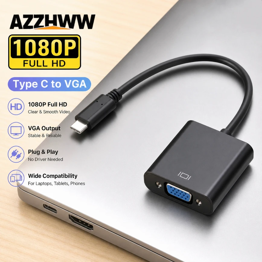 Type-C to VGA Cbale Adapter HD 1080P USB C to VGA Converter Adapter For Monitor Projector Type C Laptop Tablet Android Phone