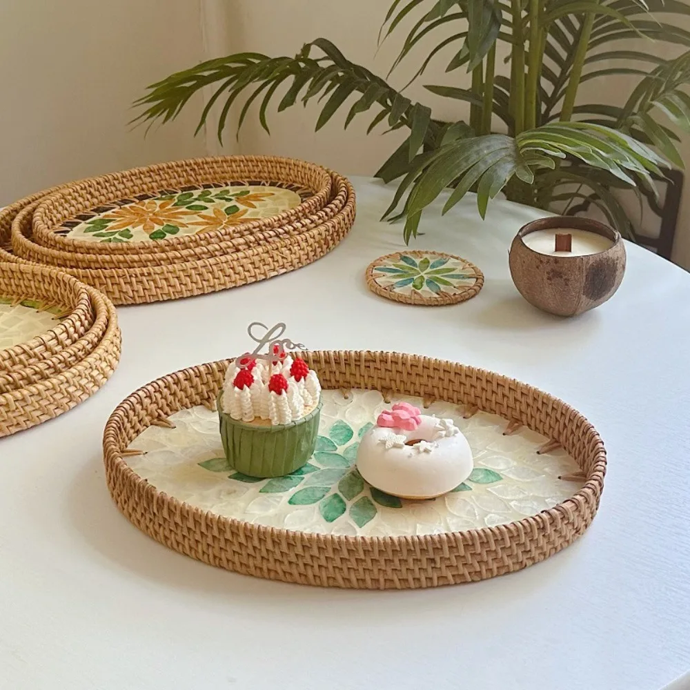 Colorful Rattan Woven Shell Storage Basket Oval Exquisite Desktop Tray Handmade Durable Shell Fruit Tray Baking Supplies