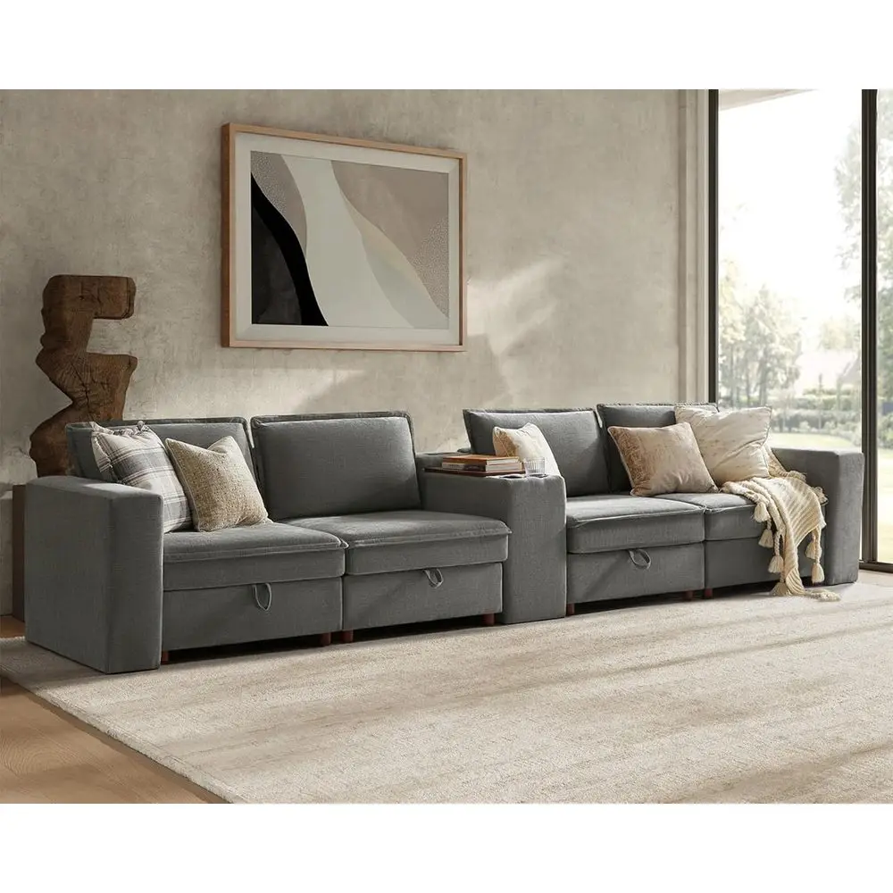 

Certified Grey 4-Seater Sectional Sofa with USB Port and Storage Ottoman for Living Room
