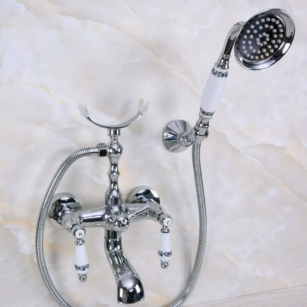 

Polished Chrome Wall Mount Tub Faucet with Handshower Telephone Style Wall Mount Dual Handles Bathtub Sink Mixer Taps