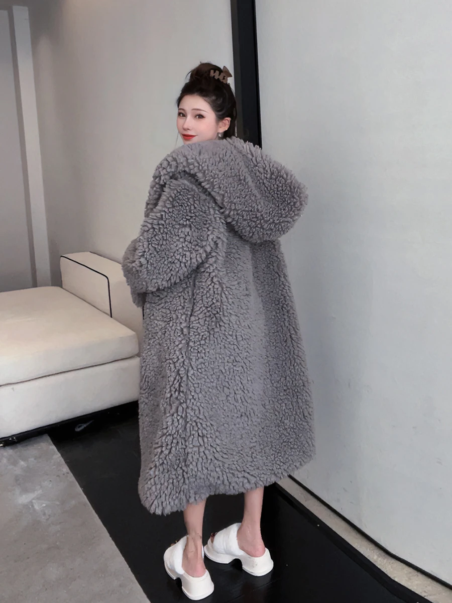 

Женское длинное пальто из овчины, утепленное, свободного кроя, с капюшоном, до колен, на хлопковой подкладке, зимняя верхняя одежда прямого кроя