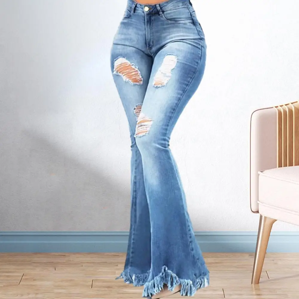 

Women Denim Pants Flared Pants High Waist Zipper Button Fly Ripped Holes Design Tassel Cuffs Pockets Full Length Denim Jeans