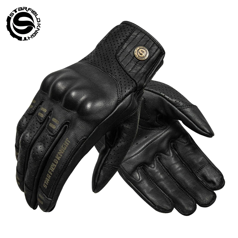 Star Field Knight Black Motorcycle Gloves Real Goat Leather Anti-slip Wear-resistant Summer Breathable Riding Protection Gears