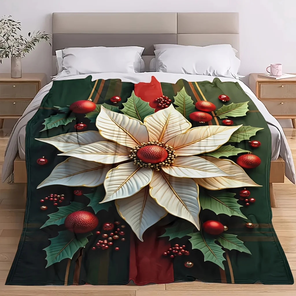 White Poinsettia Red Berry Green Leaf Dark Green Background Soft Cozy Throw Blanket for Sofa Botanical Grace