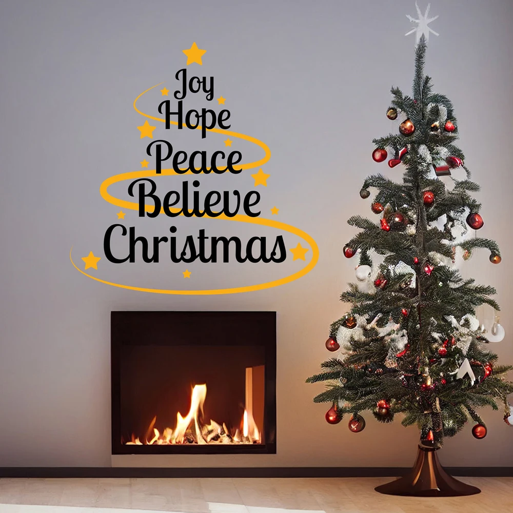 ملصق حائط من الفينيل اقتباس عيد الميلاد على شكل قلب "Joy Hope Peace Believe Christmas" ملصق نصي - ديكور غرفة المعيشة الملهم