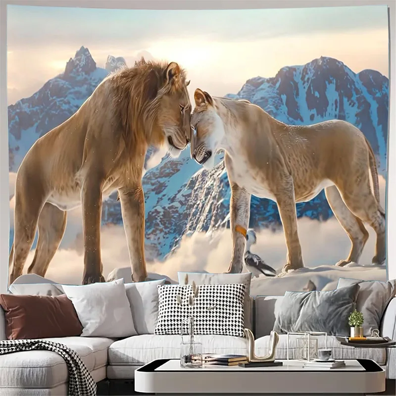 Lion and Lioness Nuzzling in Snowy Mountain Landscape Wall Tapestry Machine Washable All Season Decor Print Home Quick Setup