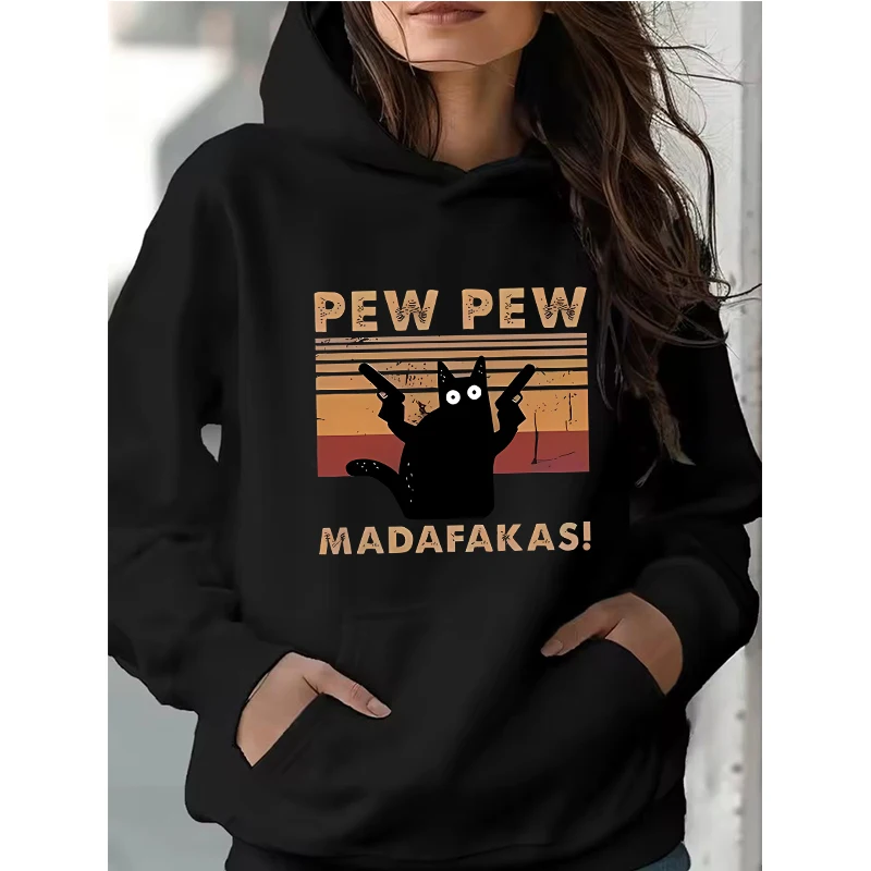 Pew Pew Madafakas مضحك القط طباعة الكنغر جيب هوديس المرأة خريف شتاء كم طويل بلوزات 90s خمر مقنعين الملابس