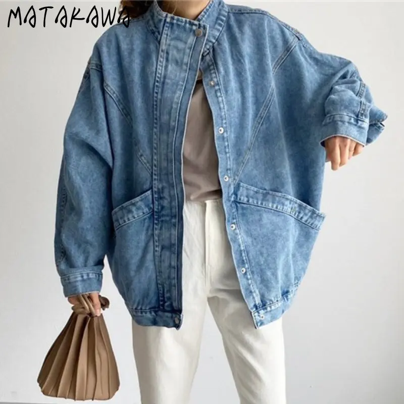 Matakawa Denim Jackets Women Solid Loose Japan Style Vintage Casual Veste Femme Pockets Single Breasted Chaqueta Mujer