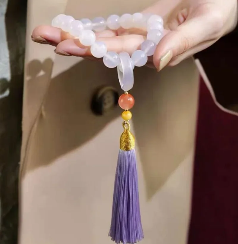 

White Jade Stone 10-12mm Beads Purple Tassel Bracelet Necklace Tibetan Buddhist Mala Buddha Charm Rosary Yoga Men Woman Jewelry