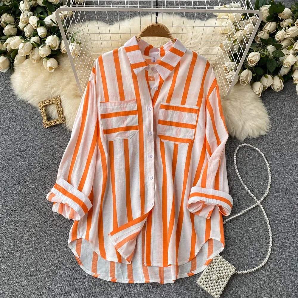 Camisa larga holgada informal para mujer, blusa a rayas a la moda para primavera y verano, envío directo, venta al por mayor