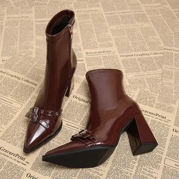 Botas hasta el tobillo de tacón alto para mujer, zapatos sexis con punta estrecha para mujer, Botas clásicas de uso diario con cremallera lateral, Botas para mujer 2024