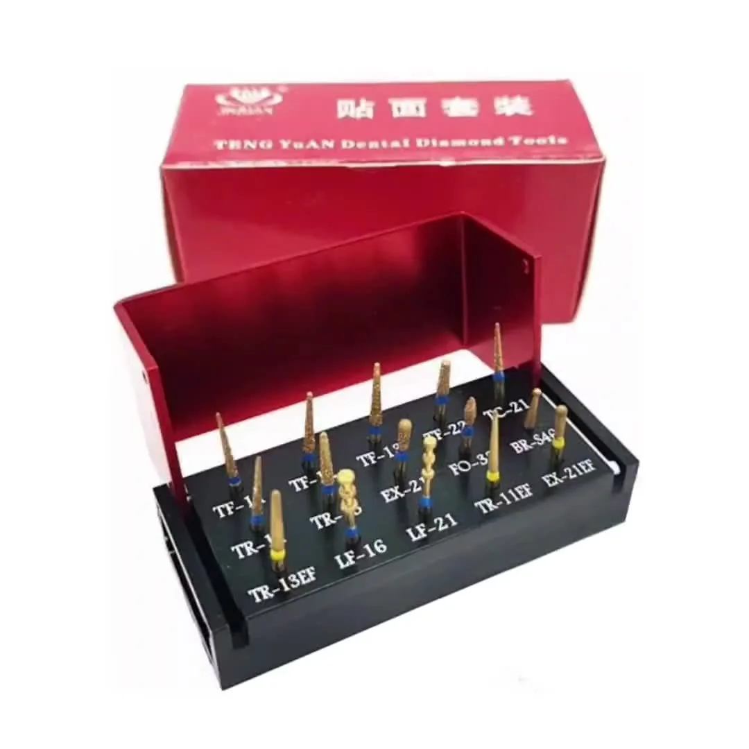 15pcs Set Dental Diamond Burs Drill Golden Veneer Bur Disinfection Alumimum Box Block Holder Dentist High Speed Handpiece Tool