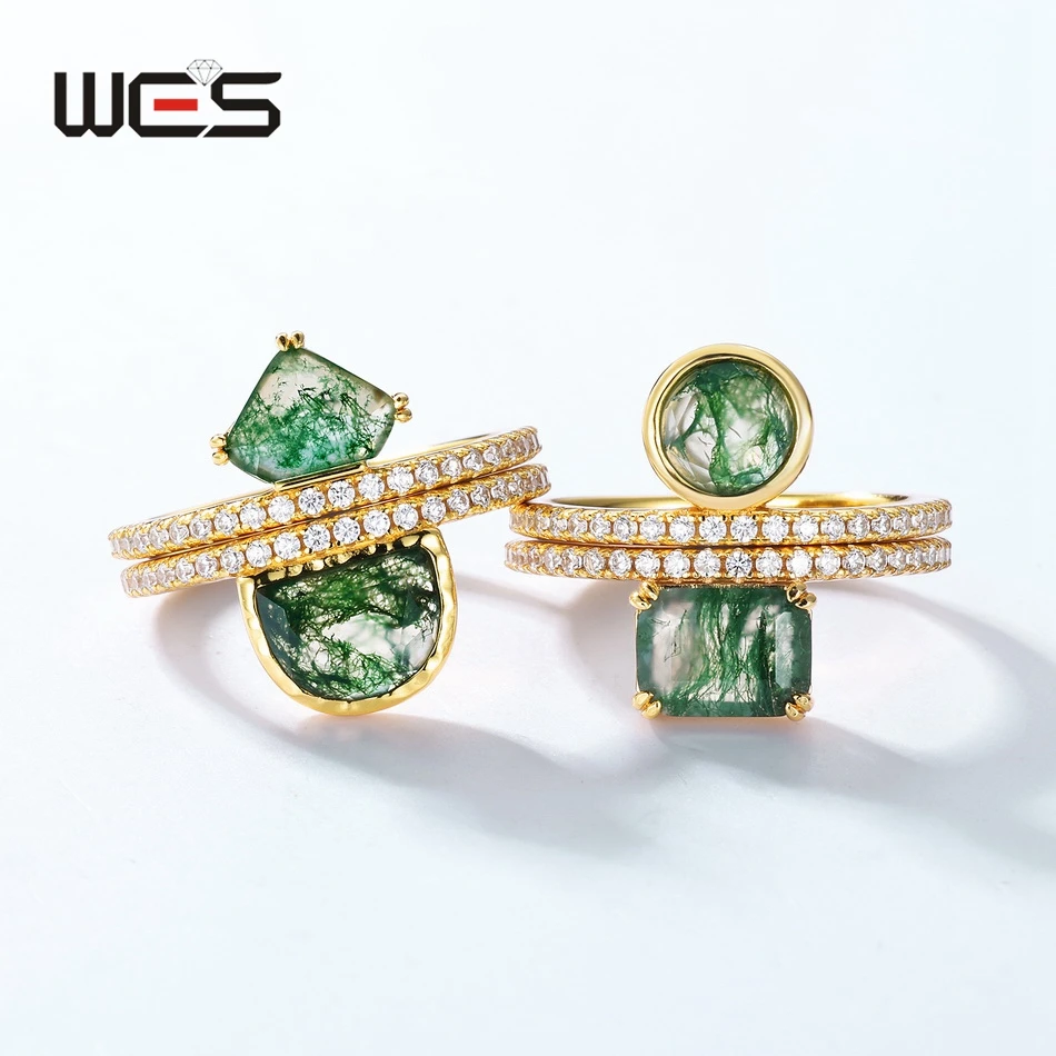 

WES Unique Natural Moss Agate Rings for Woman 925 Sterling Silver Geometric Series Lady Gifts Wedding Jewelry Wholesale Gemstone