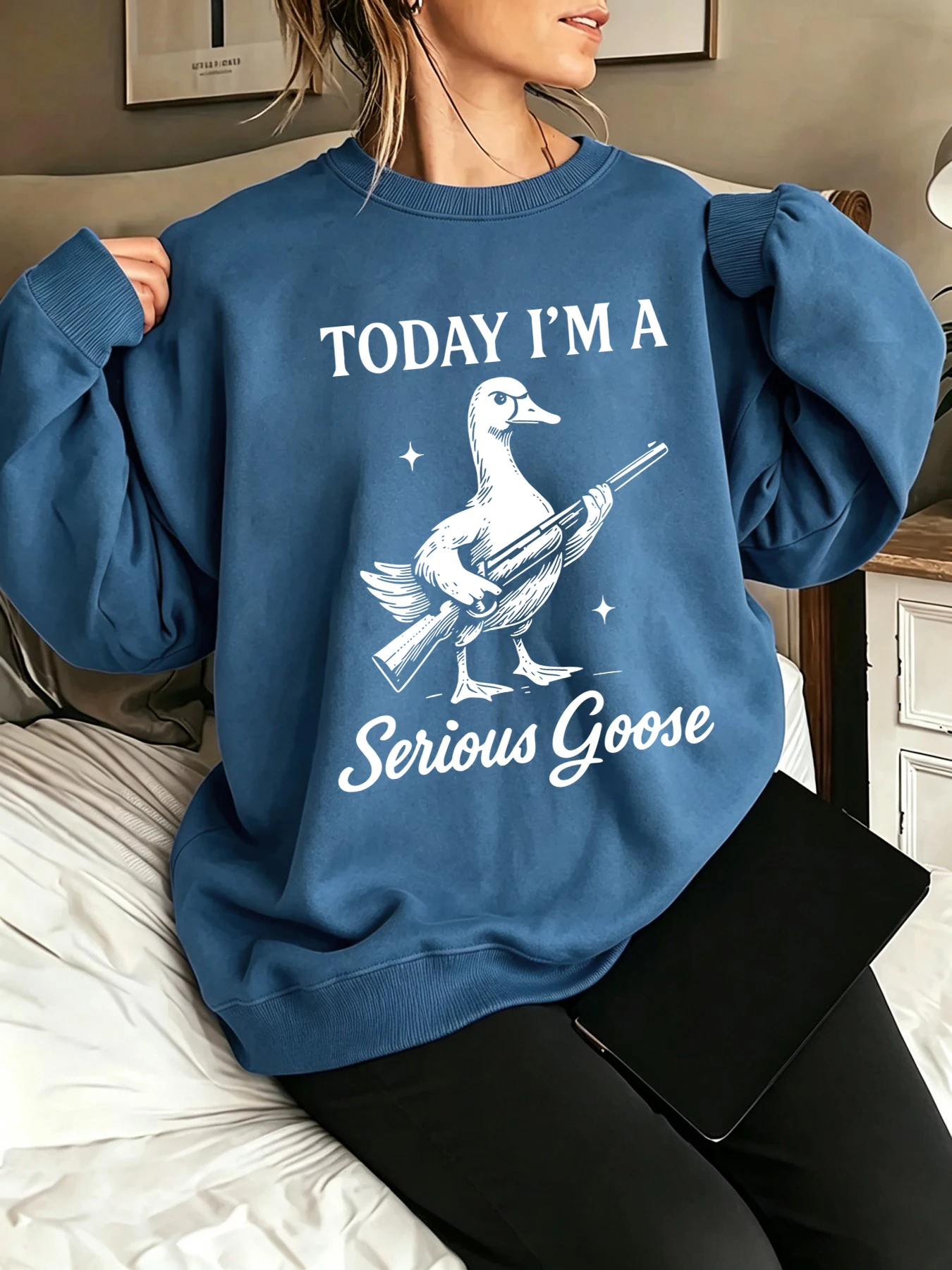 Sweat-shirt imprimé « Today I Am A Serious Goose » pour femme, en polaire, style Y2K, col rond, streetwear, coupe ample, vêtements d'automne