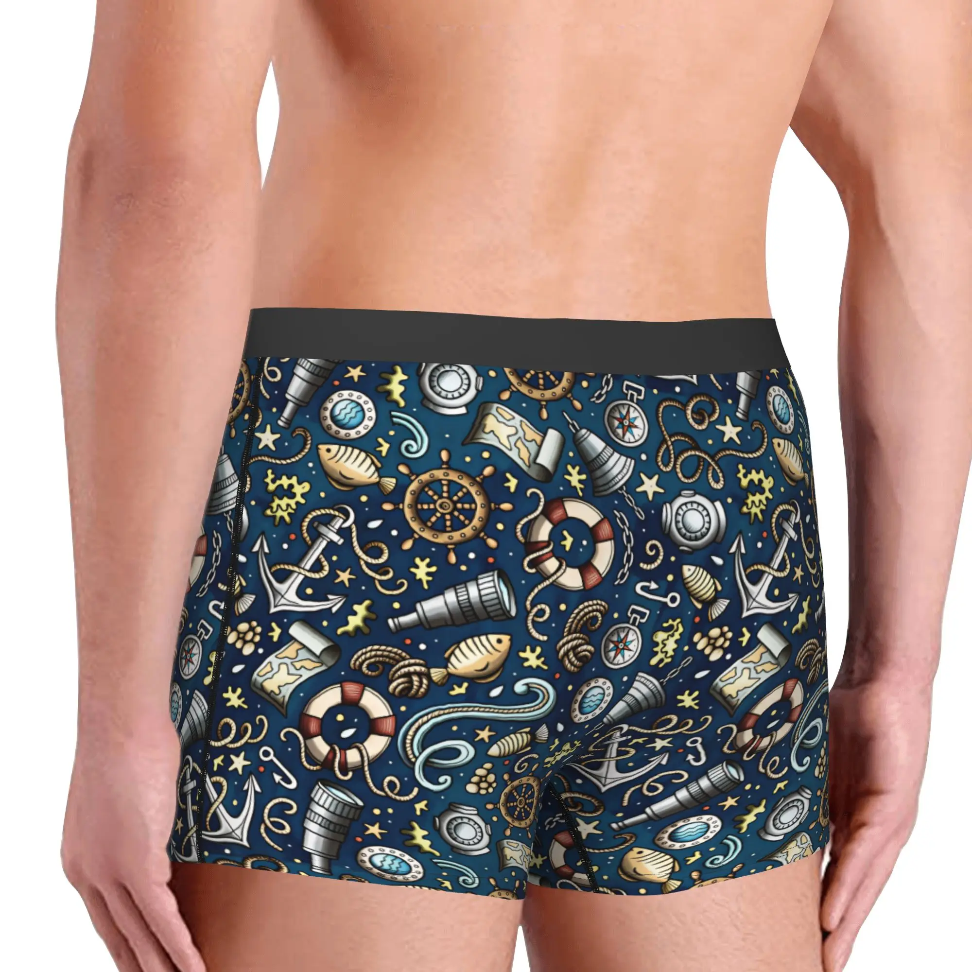Fashion Nautical Featuring Anchors Ship Wheels Compasses Boxers Shorts Panties Men's Underpants Breathable  Briefs Underwear