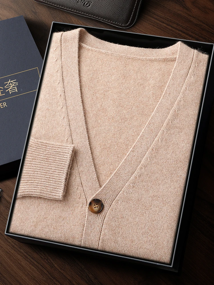 

Autumn Winter Men's 100% Cashmere V-neck Cardigan Sweater Soild Smart Casual Single Breasted Long Sleeve Kint Jacket Outwear
