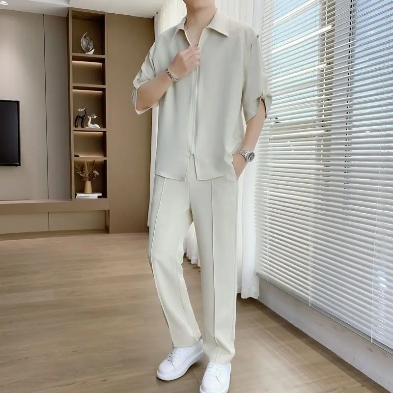 Plain Men's Pants Set No Logo Male Shirts Trousers Sets New in Tops & Tees Stretch Elastic Basic Outfits Loose Korean Two Piece
