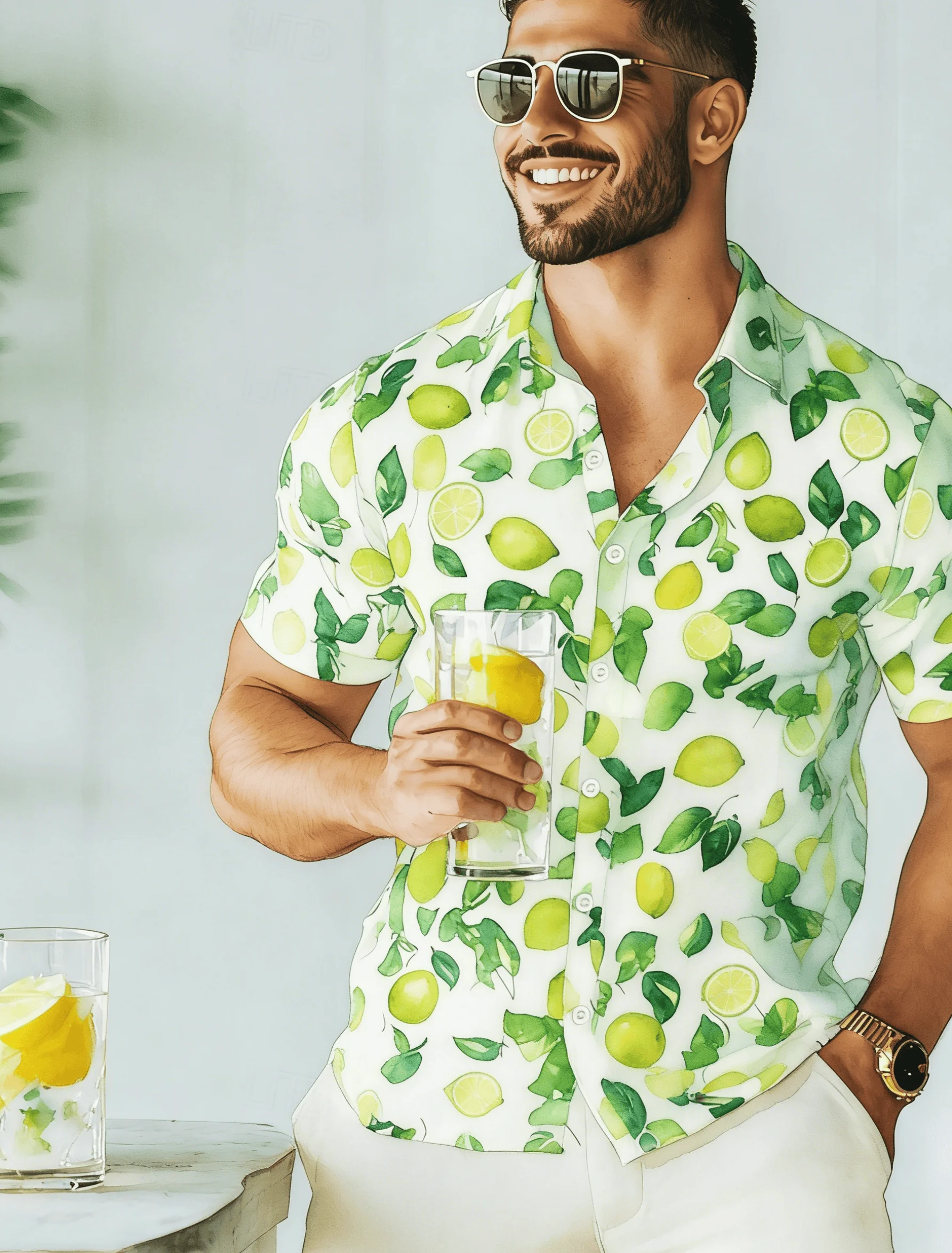 

Men's Fresh Leaf Print Short Sleeve Shirt, Casual Tropical Hawaiian Style Button Down for Spring Summer Vacation
