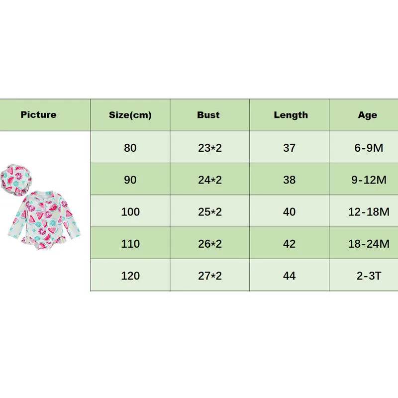 ملابس سباحة واقية من الطفح الجلدي بأكمام طويلة للفتيات الصغيرات ، بدلة سباحة بكشكشة ، ملابس سباحة بغطاء سباحة ، رومبير مطبوع بطيخ ، طفل صغير