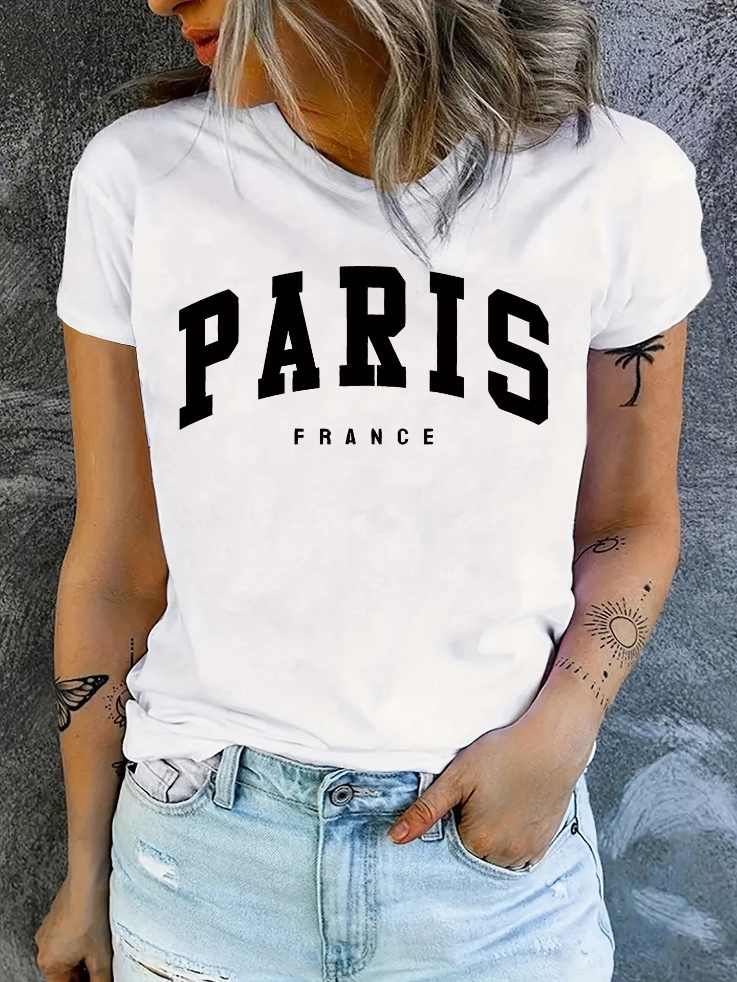 Paris Print T-shirt, Short Sleeve Crew Neck Casual Top For Summer & Spring, Women\'s Clothing