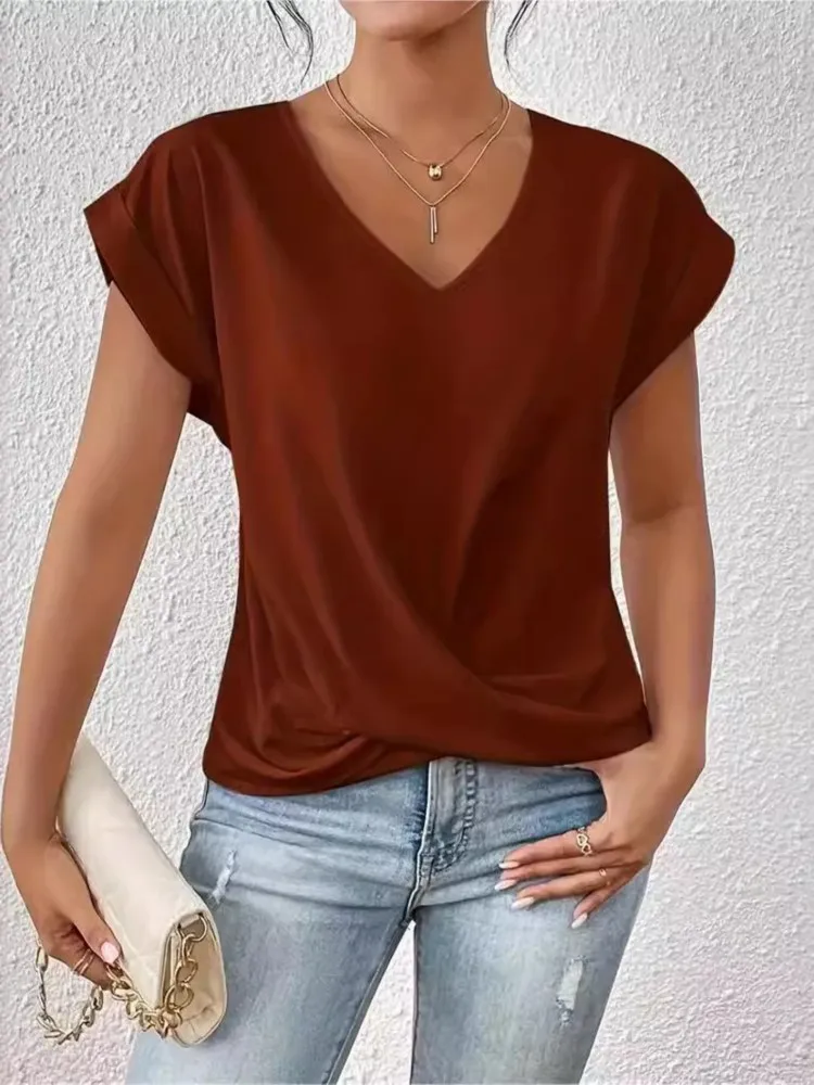 Sexy V Neck Short Sleeve Shirt Blouse Tops Office Lady Spring Summer Casual Loose Solid White Tshirt For Women 2024 Female Tees