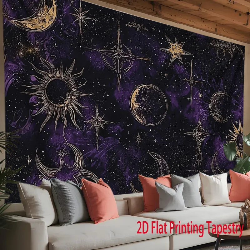 1 Tapiz Plano 2D Estampado | Estilo Bohemio con Luna Celestial y Sol, Diseño de Cielo Estrellado, Ideal para Sala de Estar, Dorm
