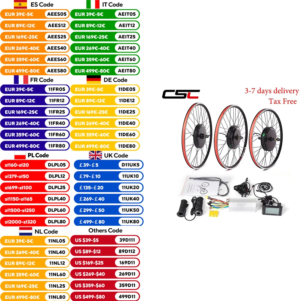 CSC Electric bicycle Conversion Kit 48V 1000W e-bike 1500W electric bike Wheel 20IN 26in 27.5in 29in 700C Front Rear hub motor