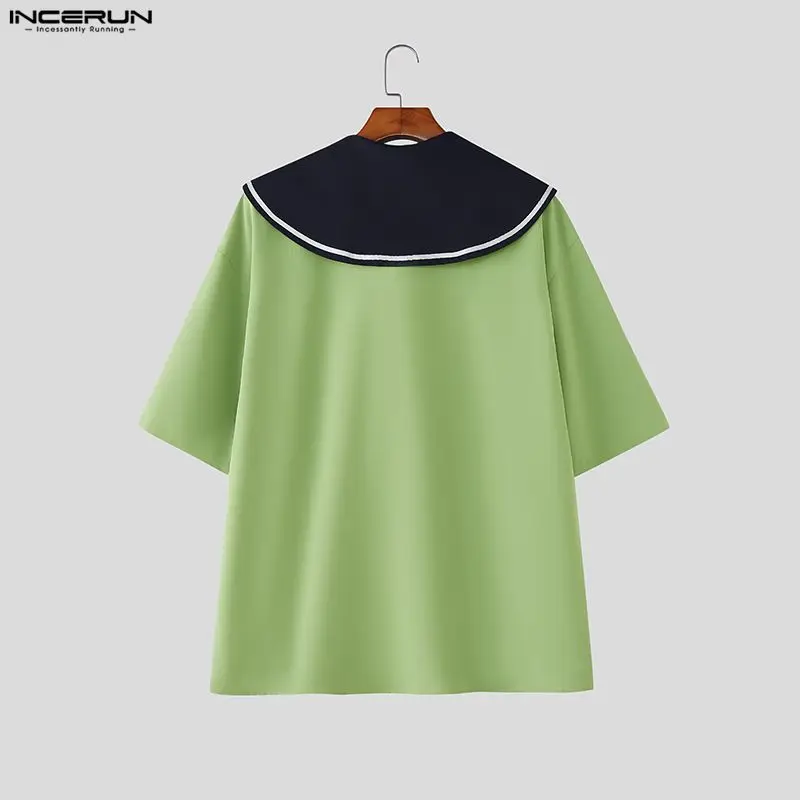 Incerun camisa masculina retalhos gola marinha manga curta solta roupas masculinas com gravata streetwear cor-bloco moda casual masculino topos