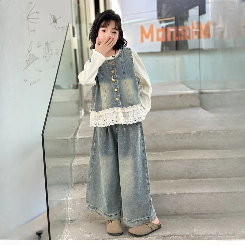Girls Clothing Set Denim Vest White T-shirt Jeans 3pcs Teen Children Costumes Fashion Loose Daily Casual Kids Outfits 10 12 Year
