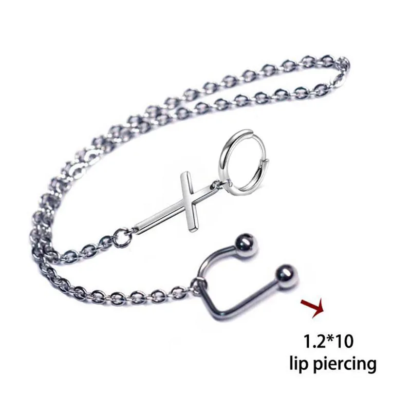 Personality Earrings Fake Piercings Lip Ring With Long Chain Harajuku Helix Earrings Lip Clips No Piercing Anime Ears Jewelry